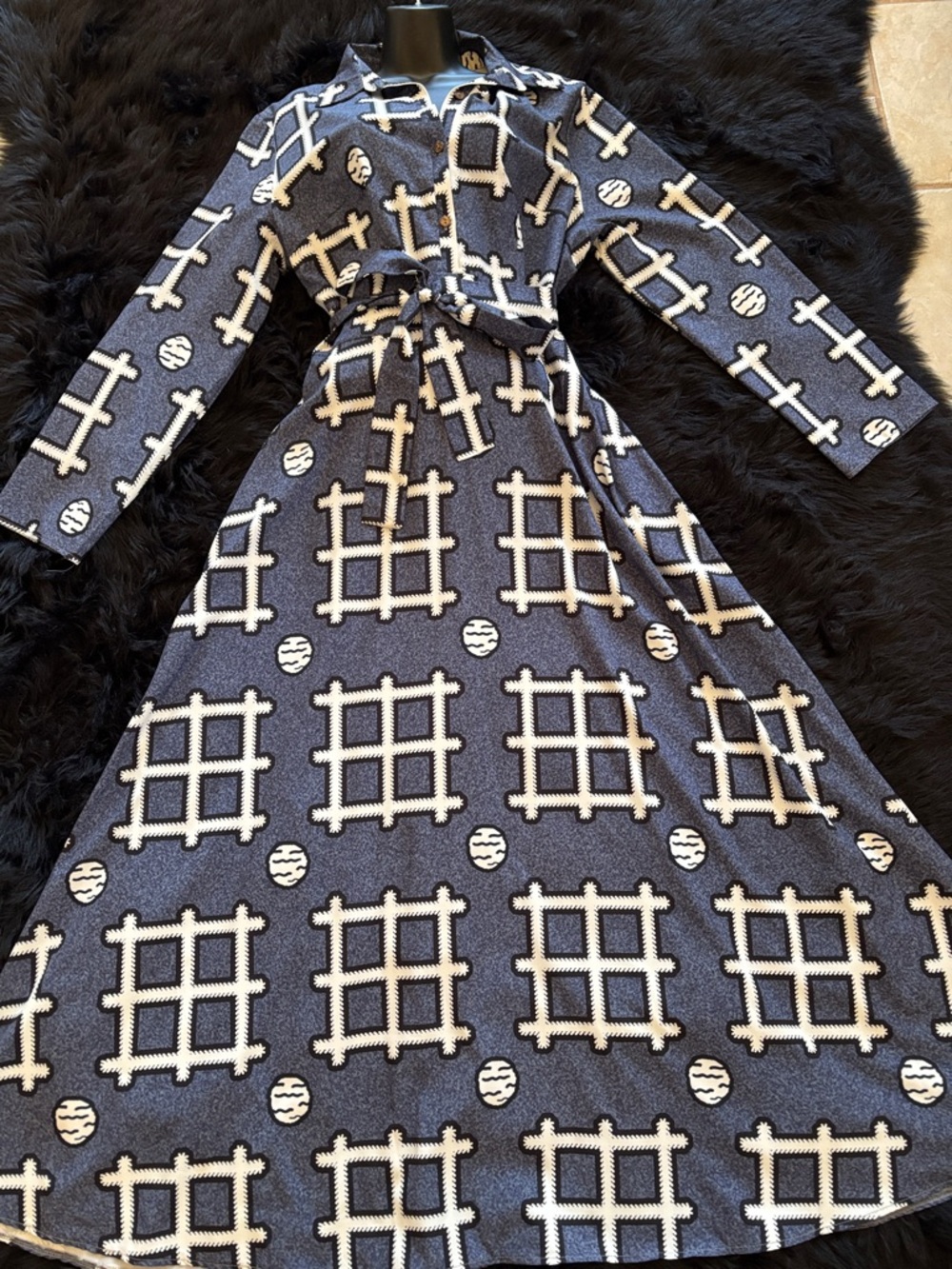 Long Sleeve Navy & White Geometric Maxi Dress